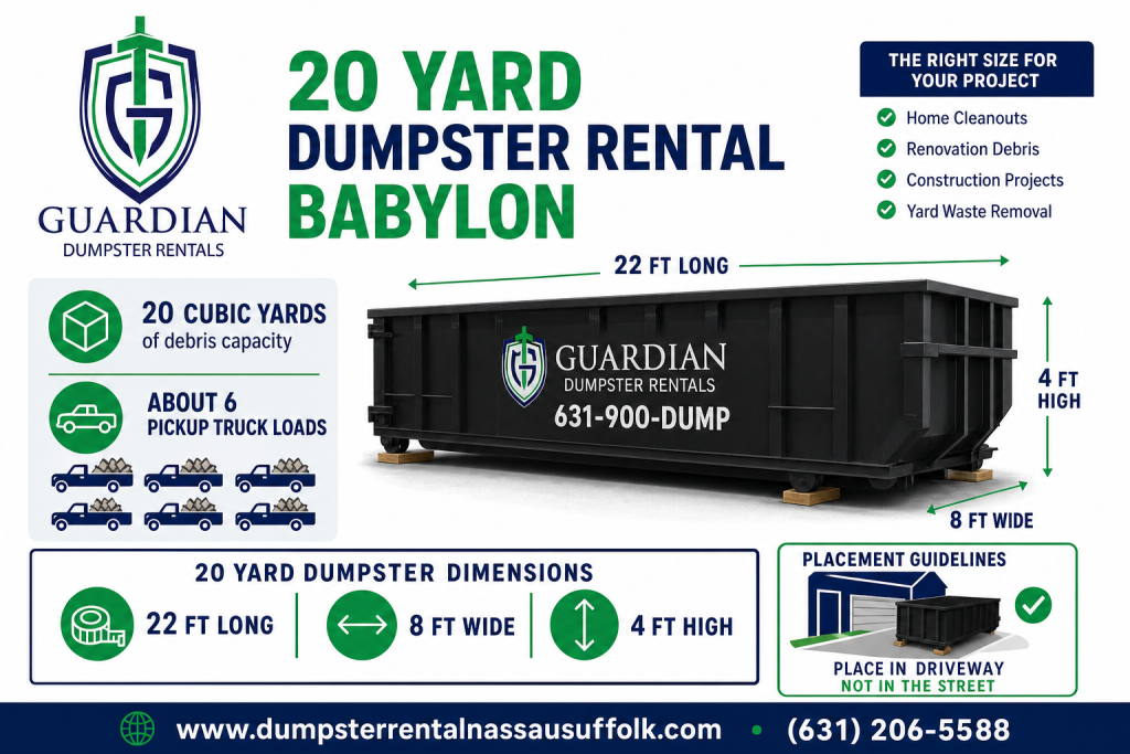 20 Yard Dumpster Rental Babylon, NY Infographic — A 20 yard roll-off dumpster holds roughly 20 cubic yards of debris — about six pickup truck loads. It measures around 22 feet long by 8 feet wide with 4-foot-hi.