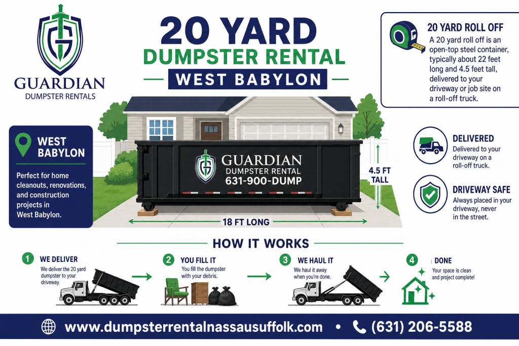 20 Yard Dumpster Rental West Babylon Infographic — A 20 yard roll off is an open-top steel container, typically about 22 feet long and 4.5 feet tall, delivered to your driveway or job site on a roll-off truck. Y.