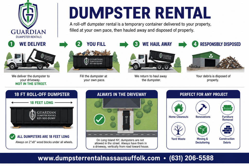 Dumpster Rental Islip, NEW YORK Infographic — A roll-off dumpster rental is a temporary container delivered to your property, filled at your own pace, then hauled away and disposed of properly. We offer thr.