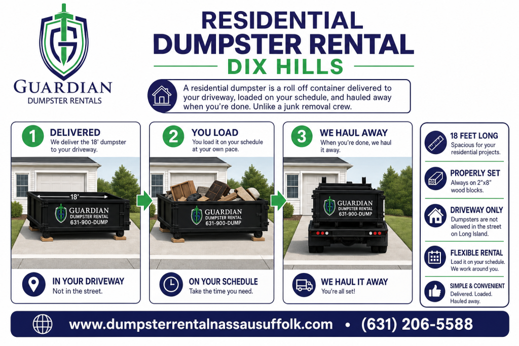 Residential Dumpster Rental Dix Hills Infographic — A residential dumpster is a roll off container delivered to your driveway, loaded on your schedule, and hauled away when you're done. Unlike a junk removal crew.