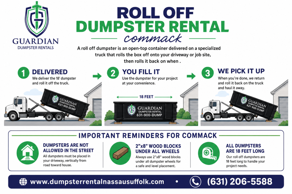 Roll Off Dumpster Rental Commack Infographic — A roll off dumpster is an open-top container delivered on a specialized truck that rolls the box off onto your driveway or job site, then rolls it back on when.
