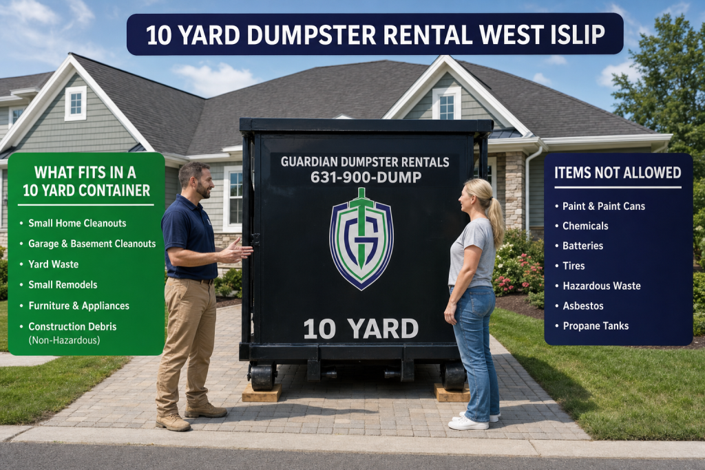 10 Yard Dumpster Rental West Islip — What fits in a 10 yard container, and what items are not allowed?.