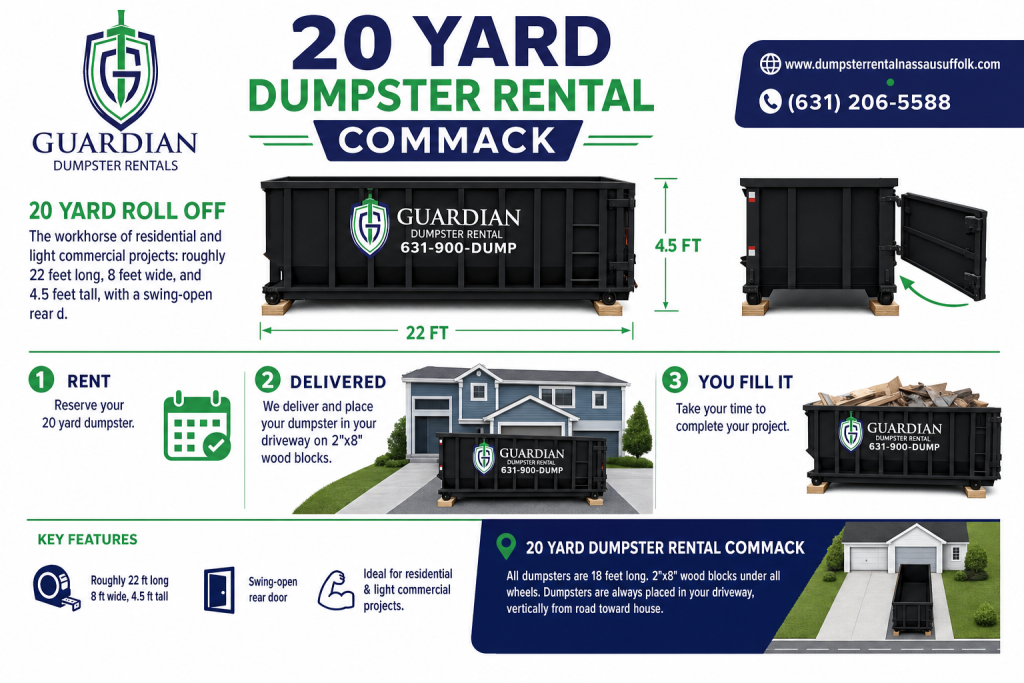 20 Yard Dumpster Rental Commack Infographic — A 20 yard roll off is the workhorse of residential and light commercial projects: roughly 22 feet long, 8 feet wide, and 4.5 feet tall, with a swing-open rear d.
