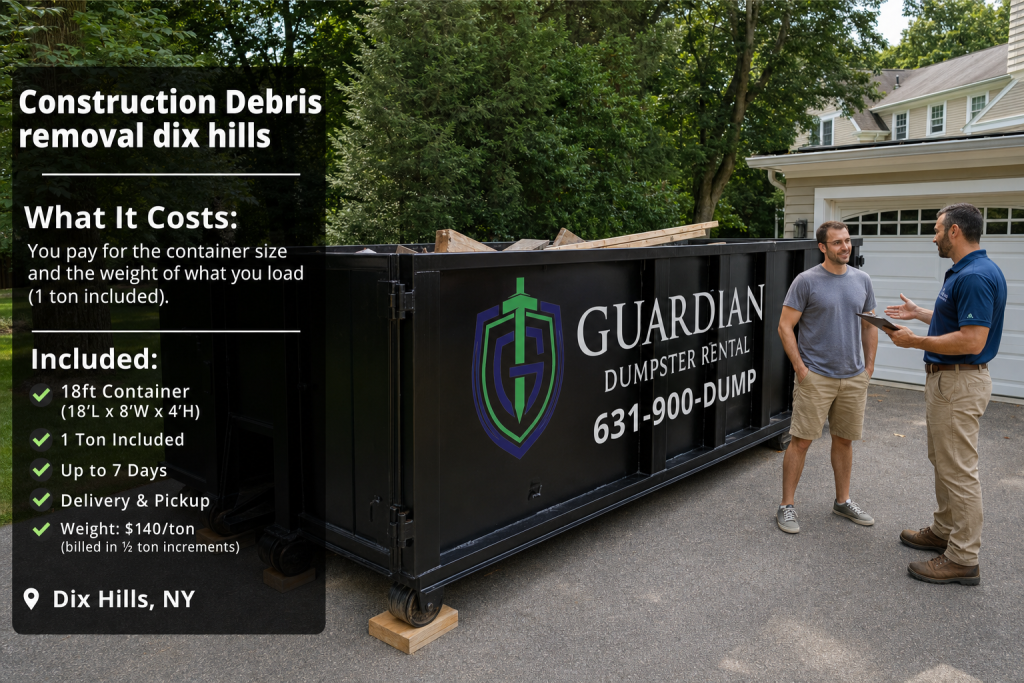 Construction Debris Removal Dix Hills — What should Construction Debris removal dix hills actually cost, and what's included?. The honest answer: the container size and the weight of what you load dri.