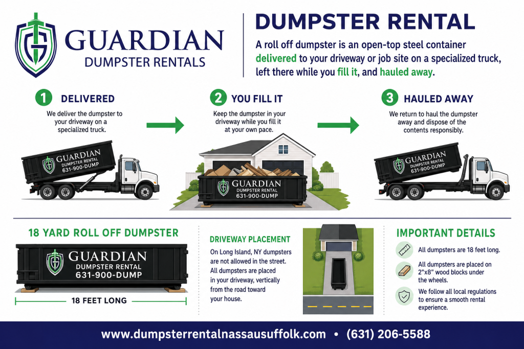 Dumpster Rental Lindenhurst, NEW YORK Infographic — A roll off dumpster is an open-top steel container delivered to your driveway or job site on a specialized truck, left there while you fill it, and hauled away.