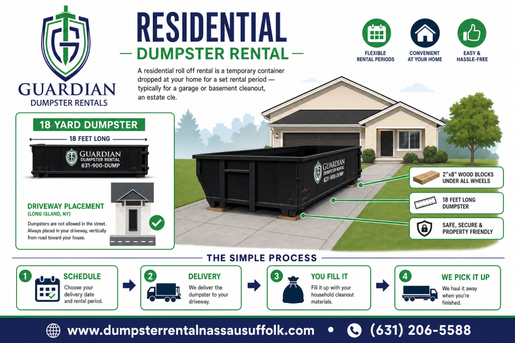 Residential Dumpster Rental Amityville, NEW YORK Infographic — A residential roll off rental is a temporary container dropped at your home for a set rental period — typically for a garage or basement cleanout, an estate cle.