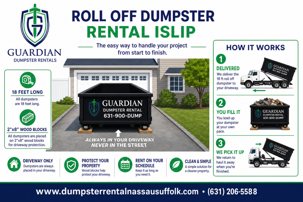 Roll Off Dumpster Rental Islip Infographic — A roll off dumpster is an open-top steel container that arrives on a specialized truck and rolls off onto your property — no crane, no permanent placement, no l.