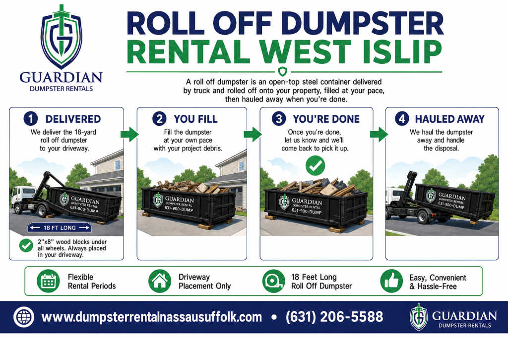 Roll Off Dumpster Rental West Islip Infographic — A roll off dumpster is an open-top steel container delivered by truck and rolled off onto your property, filled at your pace, then hauled away when you're done.