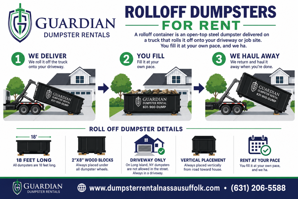 Rolloff Dumpsters For Rent Amityville Infographic — A rolloff container is an open-top steel dumpster delivered on a truck that rolls it off onto your driveway or job site. You fill it at your own pace, and we ha.
