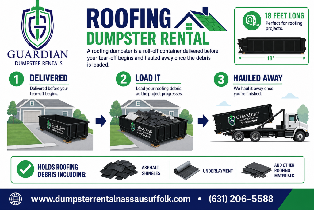 Roofing Dumpster Rental Amityville, NEW YORK Infographic — A roofing dumpster is a roll-off container delivered before your tear-off begins and hauled away once the debris is loaded. It holds asphalt shingles, underlaym.