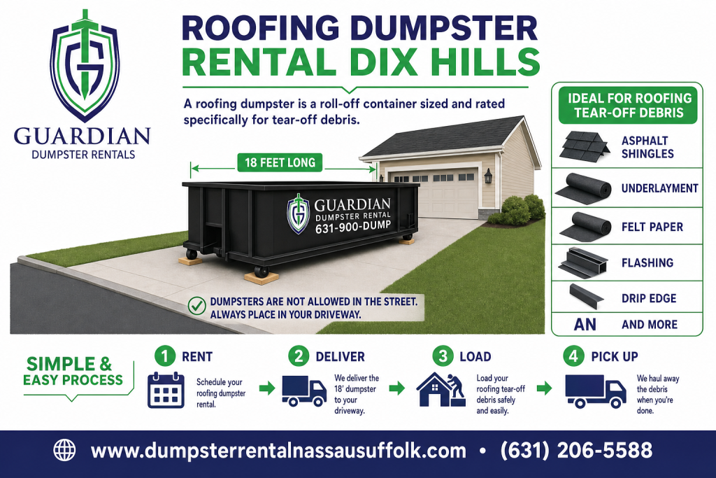 Roofing Dumpster Rental Dix Hills Infographic — A roofing dumpster is a roll-off container sized and rated specifically for tear-off debris: asphalt shingles, underlayment, felt paper, flashing, drip edge, an.