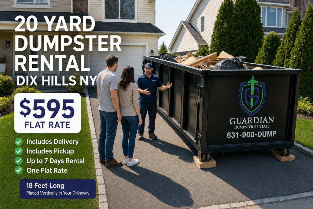 20 Yard Dumpster Rental Dix Hills NY — What does 20 yard dumpster rental Dix Hills NY New York actually cost, and what's included?. Expect one flat rate that bundles delivery, pickup, the rental peri.