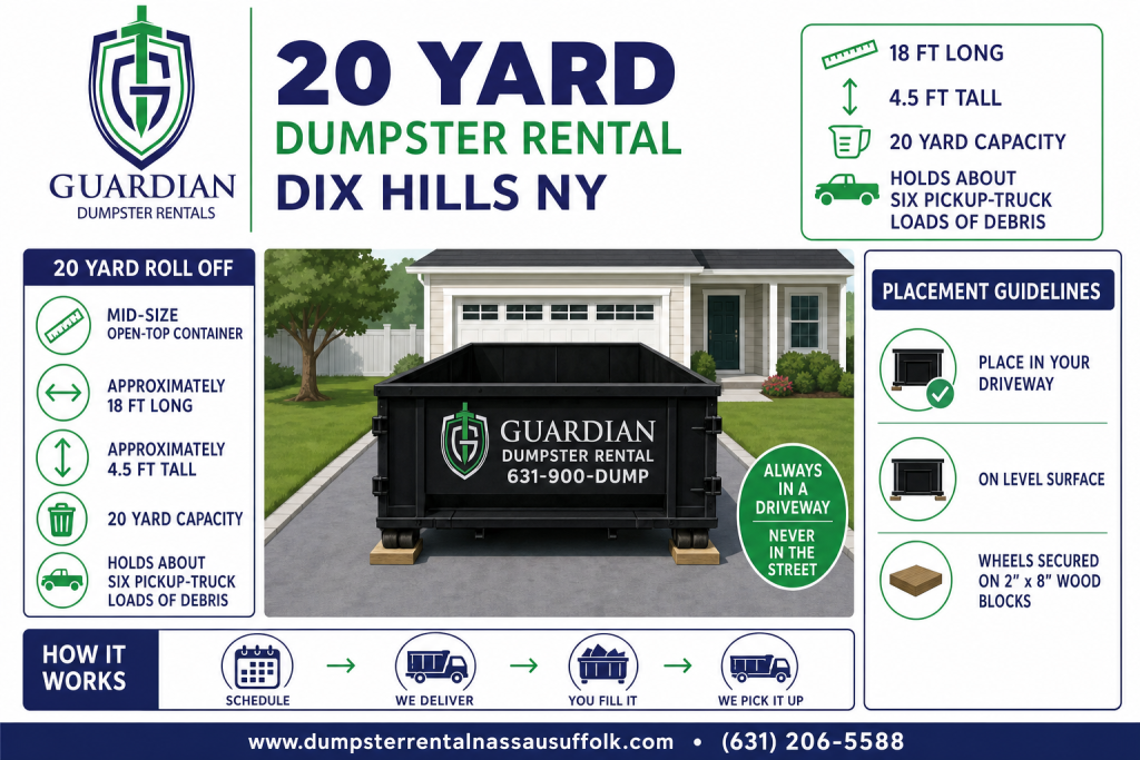 20 Yard Dumpster Rental Dix Hills NY Infographic — A 20 yard roll off is a mid-size open-top container, roughly 22 feet long and 4.5 feet tall, that holds about six pickup-truck loads of debris. It sits comforta.