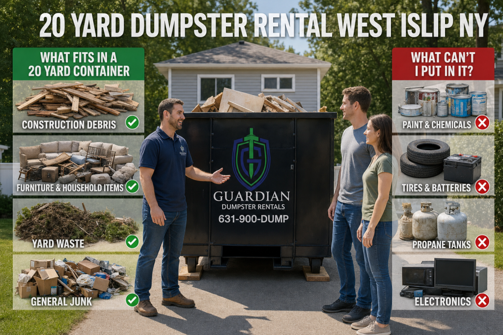 20 Yard Dumpster Rental West Islip NY — What fits in a 20 yard container, and what can't I put in it?.