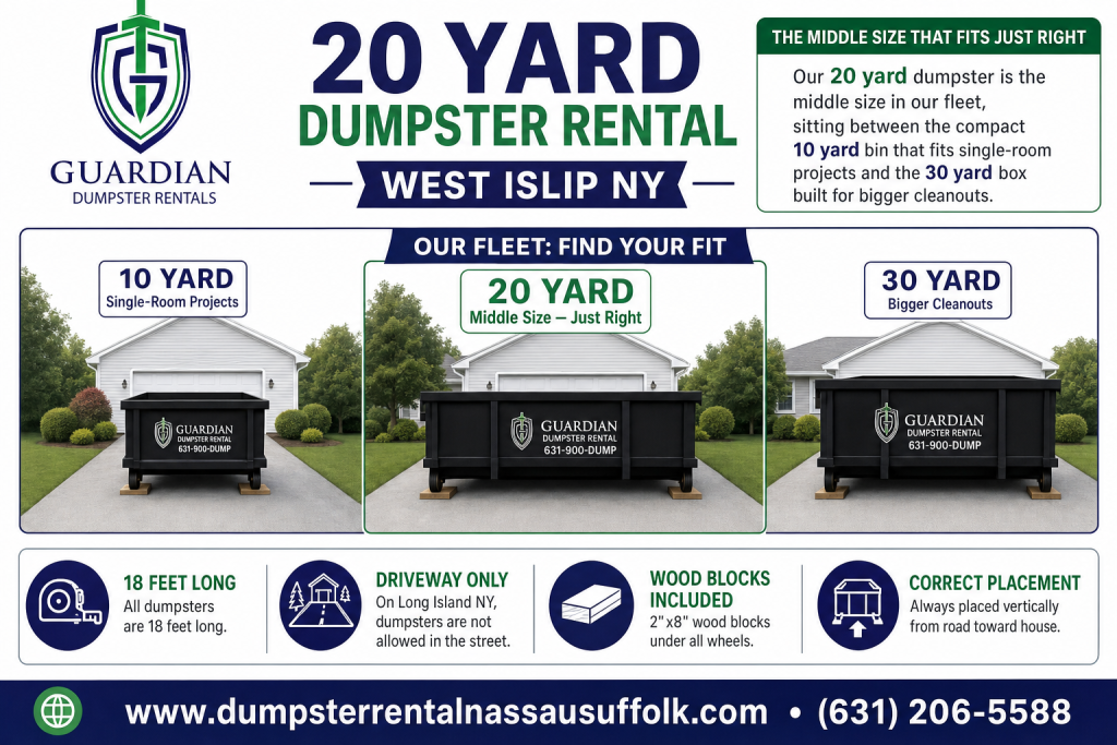 20 Yard Dumpster Rental West Islip NY Infographic — A 20 yard roll-off container is the middle size in our fleet, sitting between the compact 10 yard bin that fits single-room projects and the 30 yard box built f.