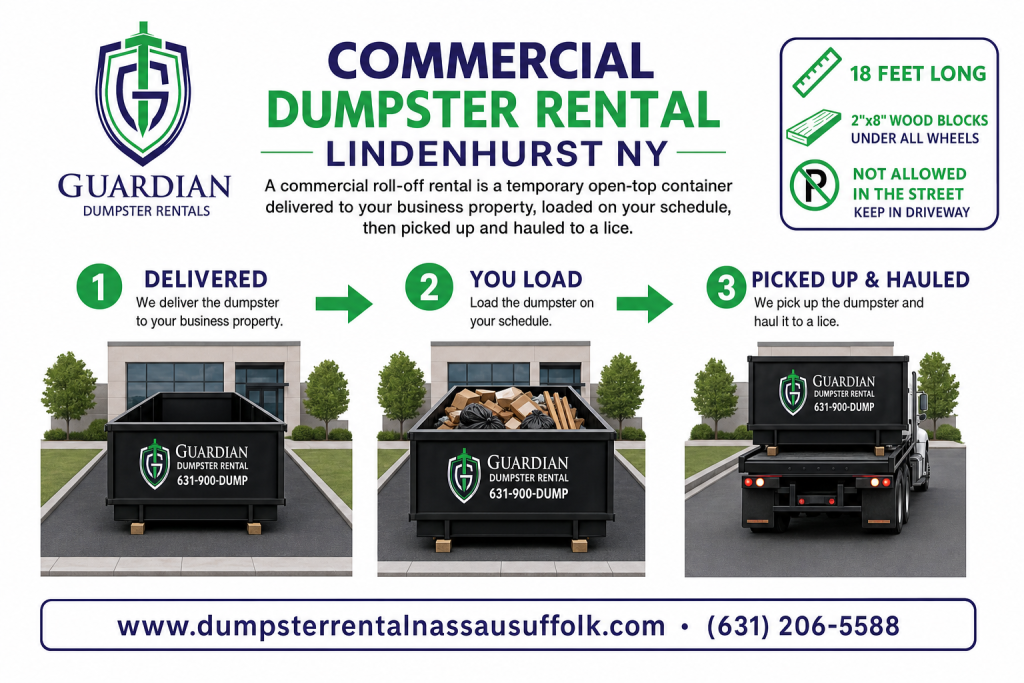 Commercial Dumpster Rental Lindenhurst NY Infographic — A commercial roll-off rental is a temporary open-top container delivered to your business property, loaded on your schedule, then picked up and hauled to a lice.