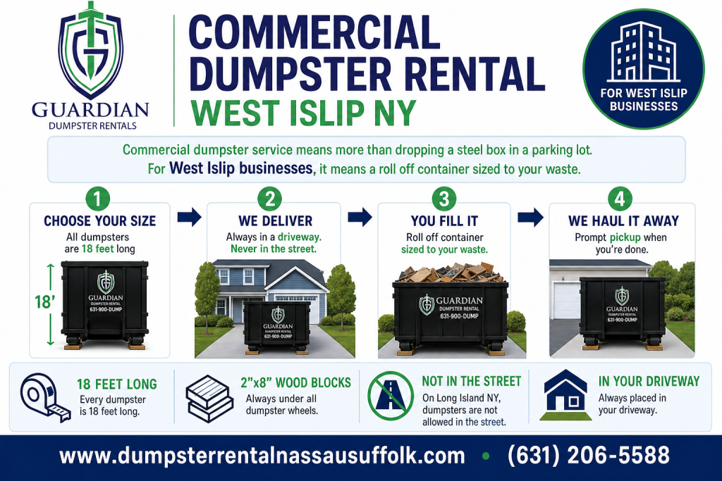 Commercial Dumpster Rental West Islip NY Infographic — Commercial dumpster service means more than dropping a steel box in a parking lot. For West Islip businesses, it means a roll off container sized to your waste.