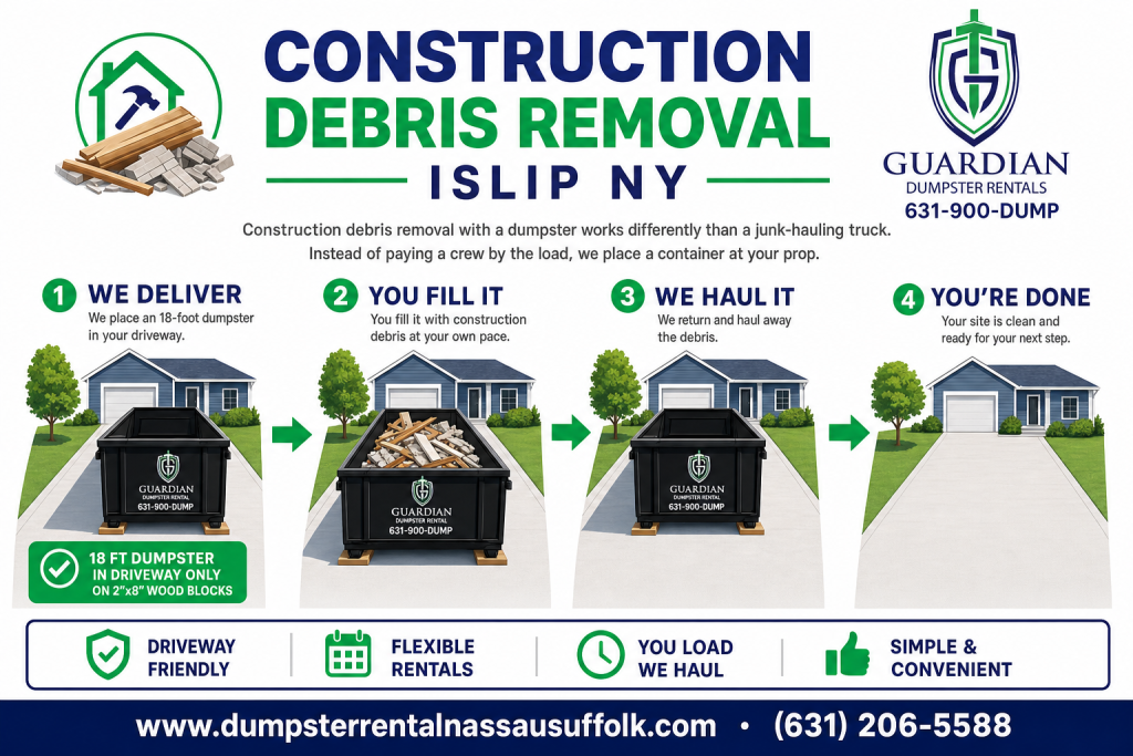 Construction Debris Removal Islip NY Infographic — Construction debris removal with a dumpster works differently than a junk-hauling truck. Instead of paying a crew by the load, we place a container at your prop.