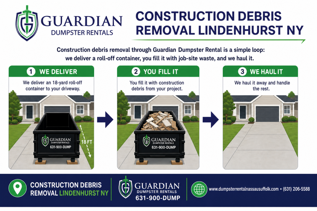 Construction Debris Removal Lindenhurst NY Infographic — Construction debris removal through Guardian Dumpster Rental is a simple loop: we deliver a roll-off container, you fill it with job-site waste, and we haul it.