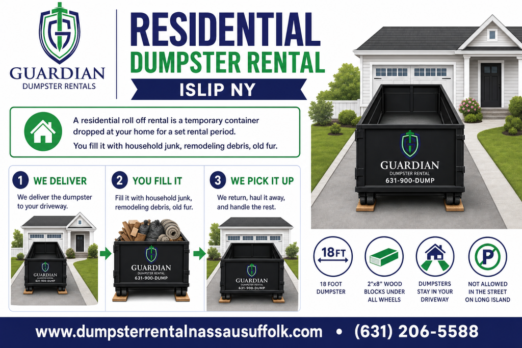Residential Dumpster Rental Islip NY Infographic — A residential roll off rental is a temporary container dropped at your home for a set rental period. You fill it with household junk, remodeling debris, old fur.