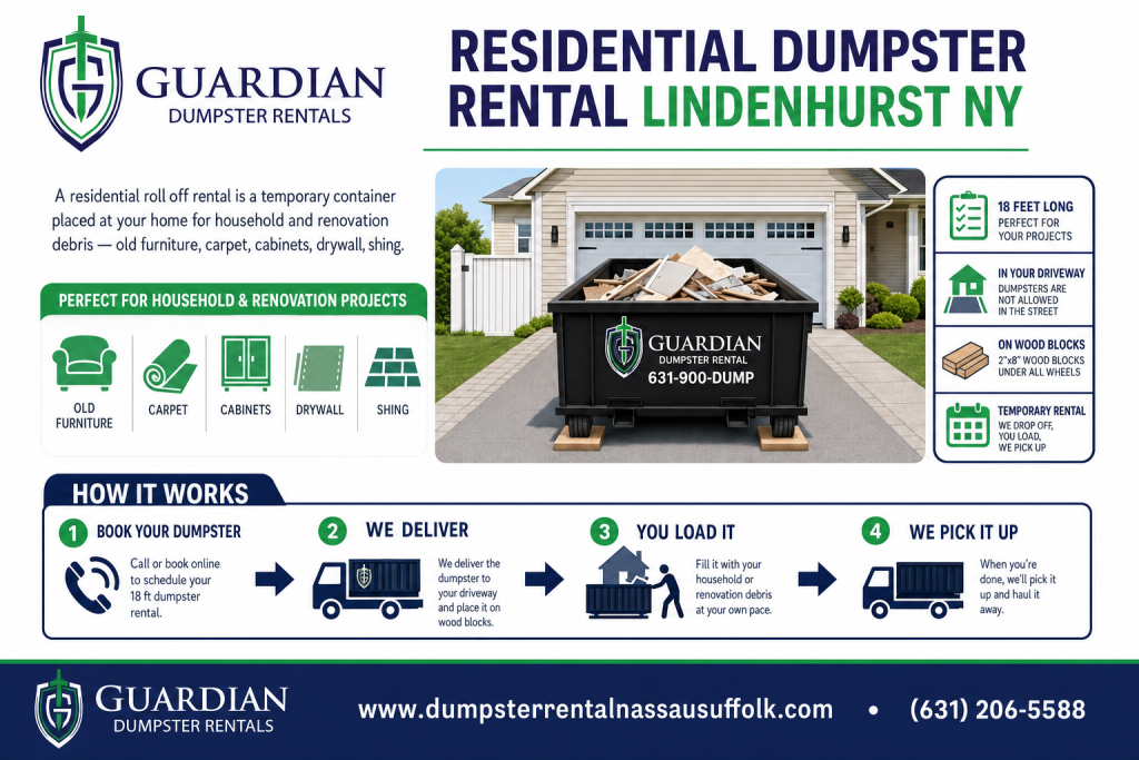 Residential Dumpster Rental Lindenhurst NY Infographic — A residential roll off rental is a temporary container placed at your home for household and renovation debris — old furniture, carpet, cabinets, drywall, shing.