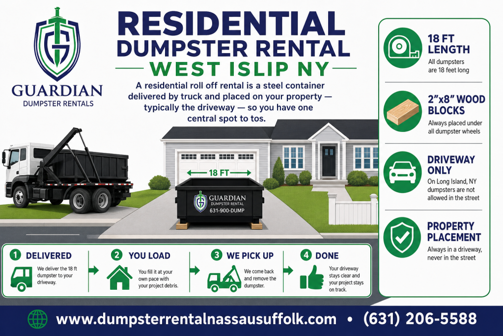Residential Dumpster Rental West Islip NY Infographic โ A residential roll off rental is a steel container delivered by truck and placed on your property โ typically the driveway โ so you have one central spot to tos.