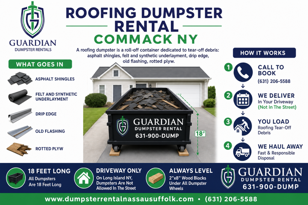 Roofing Dumpster Rental Commack NY Infographic — A roofing dumpster is a roll-off container dedicated to tear-off debris: asphalt shingles, felt and synthetic underlayment, drip edge, old flashing, rotted plyw.
