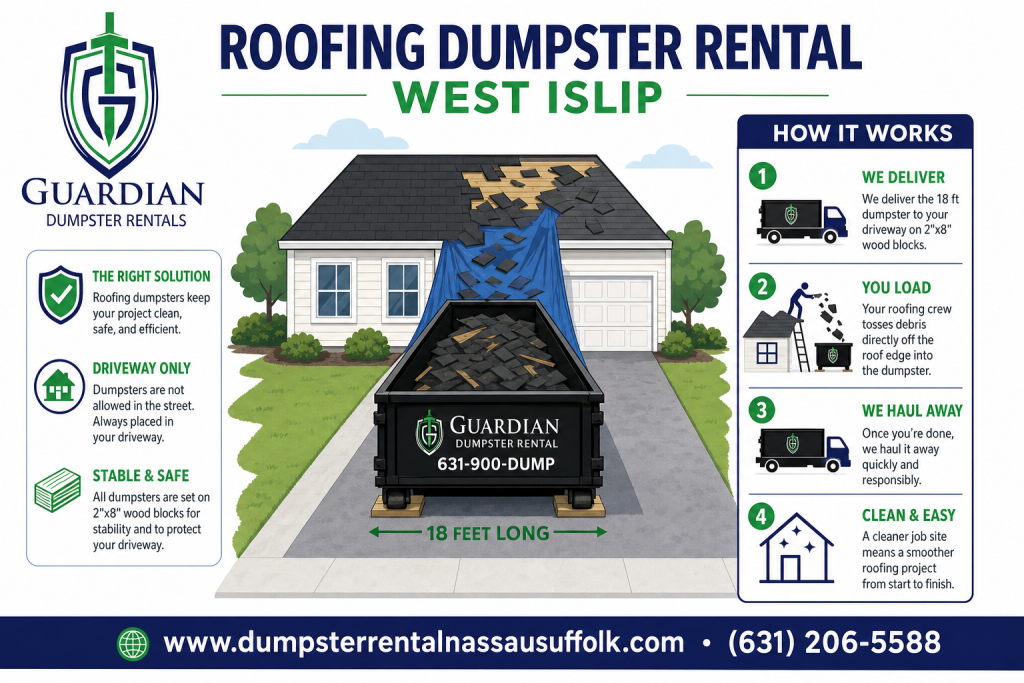 Roofing Dumpster Rental West Islip Infographic — A roofing dumpster is a roll off container dropped as close to the house as safely possible, positioned so the crew can toss debris directly off the roof edge o.